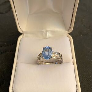 Elegant Blue Topaz Filigree Sterling Silver Gemstone Ring Size 7